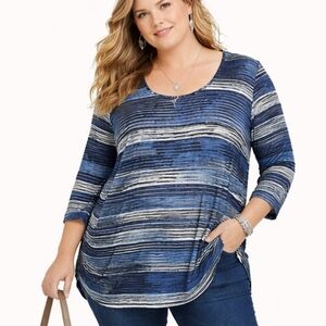 VERA ROSE Size 2X Blue Striped Ruched Sleeve Textured Stretch Knit Casual Blouse